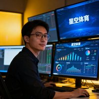 一位戴眼镜的男性数据分析师头像，他坐在多块电脑屏幕前，其中一块屏幕显示着星空体育的数据分析仪表盘界面